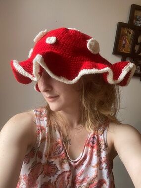 handmade mushroom-shaped crochet bucket hat